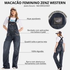 Macacão Feminino Zenz Western Jeans Escuro Denim Farm Bordado Nos Bolsos E Botons Ref: ZW0325001-1601