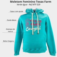 Moletom Feminino Texas Farm Verde Água Modelo Canguru Com Logo Bordada E Cowgirl Em Branco Ref: MTF029