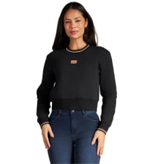 Moletom Feminino Lee Cropped Preto Detalhes Em Branco E Marrom - REF:F1301L Moletom Feminino Lee Cropped Preto Detalhes Em Branco E Marrom - REF:F1301L