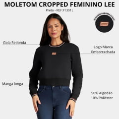 Moletom Feminino Lee Cropped Preto Detalhes Em Branco E Marrom - REF:F1301L