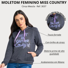 Moletom Feminino Miss Country Cinza Mescla Bolso Canguru Bordado com Strass Ref: 3037