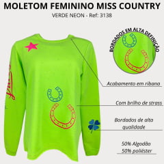 Moletom Feminino Miss Country Verde Neon Bordado Com Strass Ref: 3138