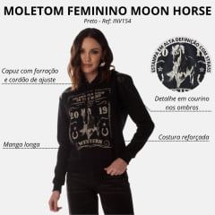 Moletom Feminino Moon Horse Estampa Cavalo Preto Detalhes De Couro No Ombro E Cotovelo Ref: INV154