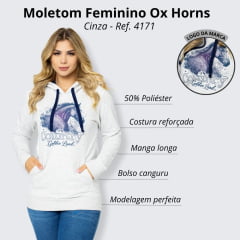 Moletom Feminino Ox Horns Cinza Modelo Canguru Estampa de Cavalo - Ref. 4170