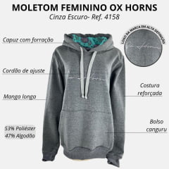 Moletom Feminino Ox Horns Com Capuz Chumbo Logo Cinza - Ref. 4158