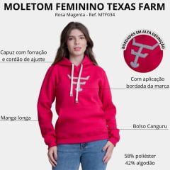Moletom Feminino Texas Farm Aliance Modelo Canguru Rosa Magenta Logo Ref: MTF034