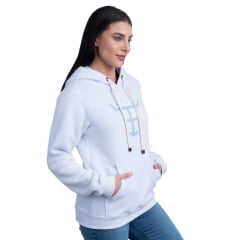 Moletom Feminino Texas Farm Branco Modelo Canguru Com Logo Azul Claro MTF016