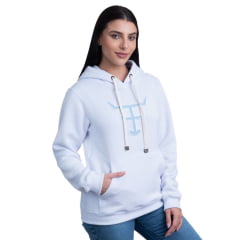 Moletom Feminino Texas Farm Branco Modelo Canguru Com Logo Azul Claro MTF016