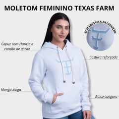 Moletom Feminino Texas Farm Branco Modelo Canguru Com Logo Azul Claro MTF016