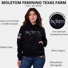 Moletom Feminino Texas Farm Modelo Canguru C/Capuz Preto C/logo Bordado - Ref: MTF021