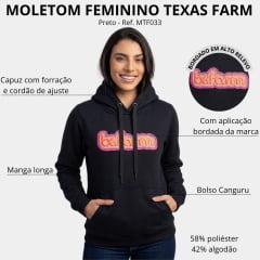 Moletom Feminino Texas Farm Modelo Canguru Capuz Preto Logo Bordado Rosa/Azul E Laranja  - Ref: MTF033