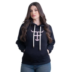 Moletom Feminino Texas Farm Modelo Canguru Capuz Preto Logo Rosa Bebê Ref: MTF016