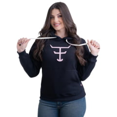 Moletom Feminino Texas Farm Modelo Canguru Capuz Preto Logo Rosa Bebê Ref: MTF016