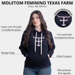 Moletom Feminino Texas Farm Modelo Canguru Capuz Preto Logo Rosa Bebê Ref: MTF016