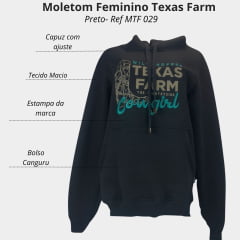 Moletom Feminino Texas Farm Preto Modelo Canguru Com Logo Bordada E Cowgirl Em Azul Turquesa Ref: MTF029