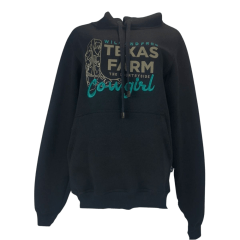 Moletom Feminino Texas Farm Preto Modelo Canguru Com Logo Bordada E Cowgirl Em Azul Turquesa Ref: MTF029