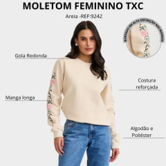 Moletom Feminino TXC Gola Careca Areia Manga Longa De Flores Bordadas - REF:9242