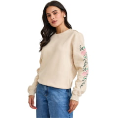 Moletom Feminino TXC Gola Careca Areia Manga Longa De Flores Bordadas - REF:9242