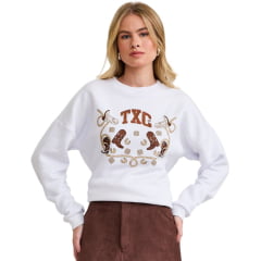 Moletom Feminino TXC Regular Branco Bordado Logo E Botas Em Marrom Ref:9241