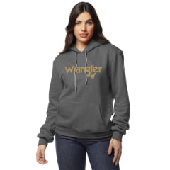 Moletom Feminino Wrangler Com Capuz Modelo Canguru Cinza Chumbo Estampado Amarelo Ref:WF9533 CB