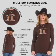 Moletom Feminino Zenz Western The Queen Marrom Bordado Botas Com Brilhos E Detalhes Tachinhas Nas Mangas Ref:ZW0124047