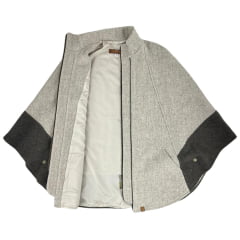 Poncho Feminino Santa Fé Merina Com Zíper E Bolsos Bege Mescla E Marrom Com Forro