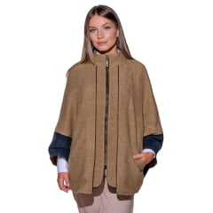 Poncho Feminino Santa Fé Merina Com Zíper E Bolsos Caramelo Mescla E Azul Com Forro