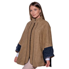 Poncho Feminino Santa Fé Merina Com Zíper E Bolsos Caramelo Mescla E Azul Com Forro