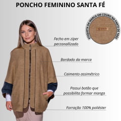 Poncho Feminino Santa Fé Merina Com Zíper E Bolsos Caramelo Mescla E Azul Com Forro