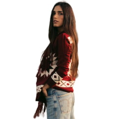 Poncho Feminino Turkese Arizona Red Manga Longa Vermelho Vinho Aberto Com Franjas - REF:PON4601