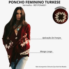 Poncho Feminino Turkese Arizona Red Manga Longa Vermelho Vinho Aberto Com Franjas - REF:PON4601