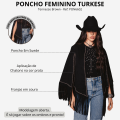 Poncho Feminino Turkese Tennesse Black Suede Preto Franjas Aberto Aplicação Prata Ref: PON6603