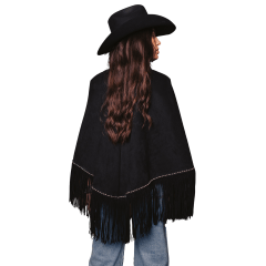 Poncho Feminino Turkese Tennesse Black Suede Preto Franjas Aberto Aplicação Prata Ref: PON6603