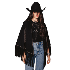 Poncho Feminino Turkese Tennesse Black Suede Preto Franjas Aberto Aplicação Prata Ref: PON6603