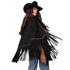Poncho Feminino Turkese Tennesse Black Suede Preto Franjas Aberto Aplicação Prata Ref: PON6603
