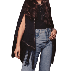 Poncho Feminino Turkese Tennesse Black Suede Preto Franjas Aberto Aplicação Prata Ref: PON6603