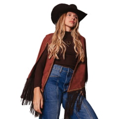 Poncho Feminino Turkese Tennesse Brown Suede Marrom Franjas Aberto Aplicação Ouro Velho Ref: PON6602