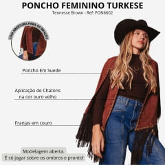Poncho Feminino Turkese Tennesse Brown Suede Marrom Franjas Aberto Aplicação Ouro Velho Ref: PON6602
