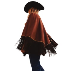 Poncho Feminino Turkese Tennesse Brown Suede Marrom Franjas Aberto Aplicação Ouro Velho Ref: PON6602