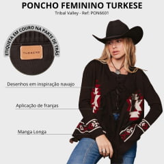 Poncho Feminino Turkese Tribal Valley Manga Longa Marrom Aberto Com Franjas Ref: PON6601
