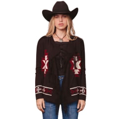 Poncho Feminino Turkese Tribal Valley Manga Longa Marrom Aberto Com Franjas Ref: PON6601