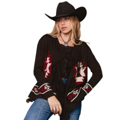 Poncho Feminino Turkese Tribal Valley Manga Longa Marrom Aberto Com Franjas Ref: PON6601