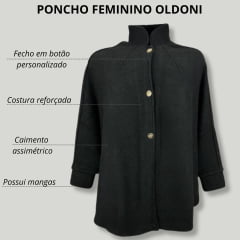 Poncho Preto Feminino Com Punho Oldoni Fecho de Botão Personalizado - Ref. 4701