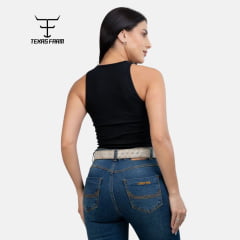 Regata Feminina Texas Farm Canelada Western Show Preto Com Logo Branco Ref:RT001