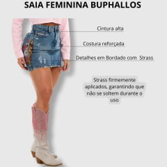 Saia Feminina Buphallos Jeans Azul Médio Horse Metade Floral com Brilhos-Ref.BPL863