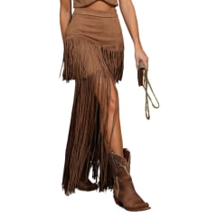 Saia Feminina Country City Alice Tecido Grosso Marrom Com Franjas Longas Ref: CJ2091S