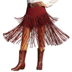 Saia Feminina Country City Celina Marsala Com Franjas Ref:CJ209135 Saia Feminina Country City Celina Marsala Com Franjas Ref:CJ209135