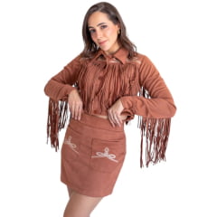 Saia Feminina Country City Curta Malu Marrom Com Bordado No Bolso Ref:SM21002
