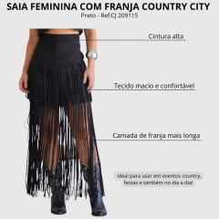 Saia Feminina Country City Preto Tecido Grosso Com Franjas Longas Ref: CJ 209115
