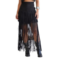 Saia Feminina Country City Preto Tecido Grosso Com Franjas Longas Ref: CJ 209115